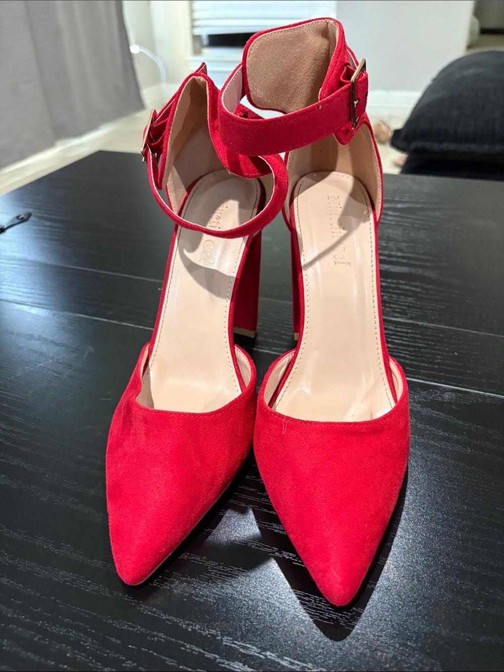 Pointed-Toe Red Suede Ankle-Strap Block Heels - Picture 2 of 5